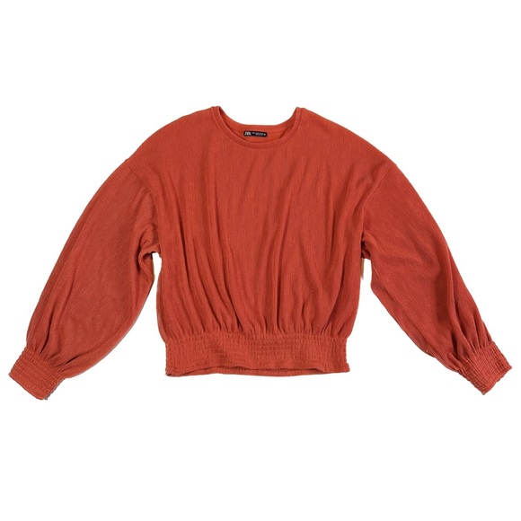 Zara Long Sleeve Drop Shoulder Crew Neck Knit Sweater Orange Sz M Shirred Waist - Picture 1 of 3